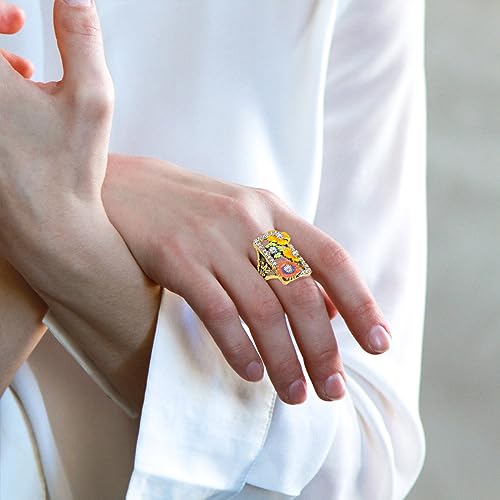 Big Enamel Flower Leaf Full Finger Ring,14K Gold Plated Cocktail Party Statement Ring for Women