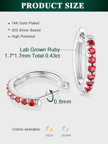 Chunky Emerald Sapphire Ruby Hoop Earrings, Princess or Round Cut, 14k Yellow Gold Plated Sterling Silver Cubic Zirconia Huggie Earings Minimalist Hoops Earrings for Women Wedding Daily Birthday - style: Round cut -Ruby -Silver