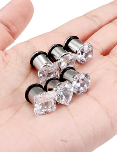 Jenxnjsjo 14g to 7/8in Ear Gauges Plugs Tunnels Taper Earrings Stretching Expander Kit Set for Women Men - color: 061: Cubic Zirconia, Clear, 3Pairs, size: 0g (8mm)
