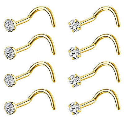 8PCS G23 Titanium Twist Screw Nose Studs 18G 20G Nose Rings 2mm 2.5mm 3mm Clear Pink Purple Aurora CZ Gold Nose Piercing Studs Nostril for Women Men - style: 18g gold clear cz 3mm