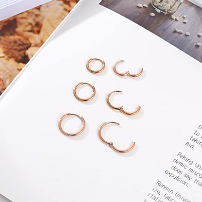 Osayia 316L Surgical Stainless Steel Small Hoop Earrings 8mm 10mm 12mm Hypoallergenic Huggie Thin Hoop Earrings Helix Lobes Hinged Sleeper Earrings Men Women for Cartilage Piercings - color: I: Rose Gold (Diameter 8mm/10mm/12mm),3 Pairs