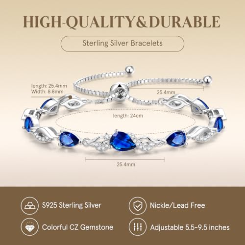 FANCIME Birthstone Teardrop Tennis Bracelet for Women, Sterling Silver 9x7mm main Gemstone Bolo Adjustable Chain Bracelet Fine Jewelry Birthday Gifts for Women Mom Wife Her - color: 09-Sapphire