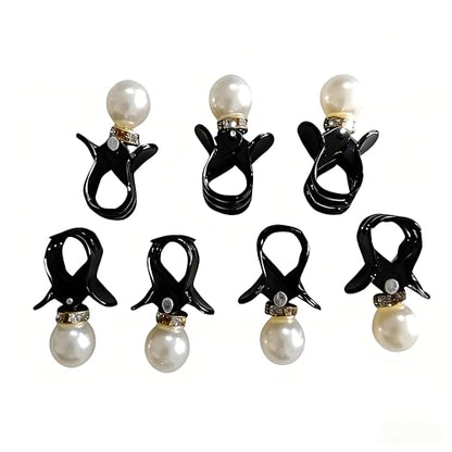 Mini Pearl Claw Clips for Women Girls, Black, 7 Pcs | Small Non Slip Jaw Clips, Strong Hold, For Thin Thick Curly Hair, Decorative Hair Barrettes