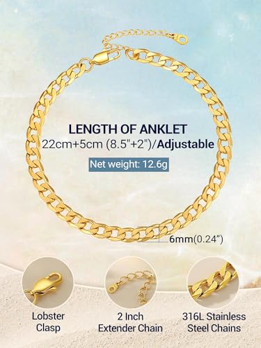 PROSTEEL Ankle Bracelets for Women, Silver/Gold/Black, Waterproof Anklets | Waterproof, Stainless Steel, Summer Beach Jewelry, Durable & No Tarnish, Come with Gift Box, 8-10.5" Adjustable, Plus Size - color: C: gold-cuban chain-6mm