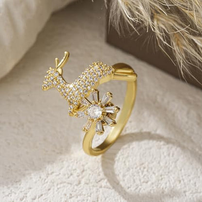 Sunflower Fidget Ring for Women Gold Anxiety Crystal Rings Cubic Zirconia Sunflower Open Adjustable Fidget Ring Spinner Sun Ring for Men Trendy Jewelry - color: Deer Gold