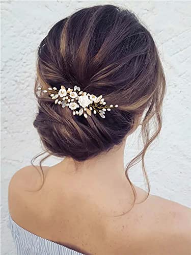GORAIS Flower Wedding Hair Vine Pearl Bridal Hair Pieces Crystal Hair Accessories for Bride and Women - color: b-gold