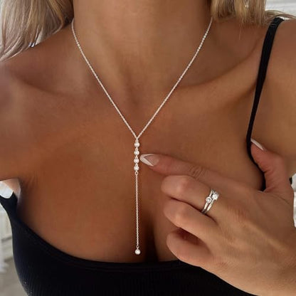 Zeffy Lariat Gold Necklace for Women, Dainty Long Necklace 14k Gold/Silver Plated Layered CZ Beaded Bar Chain Y-Shaped Body Chain Stack Drop Wedding Necklace Trendy Simple Gold Jewelry Gifts - color: Silver CZ Y Necklace(1PCS)