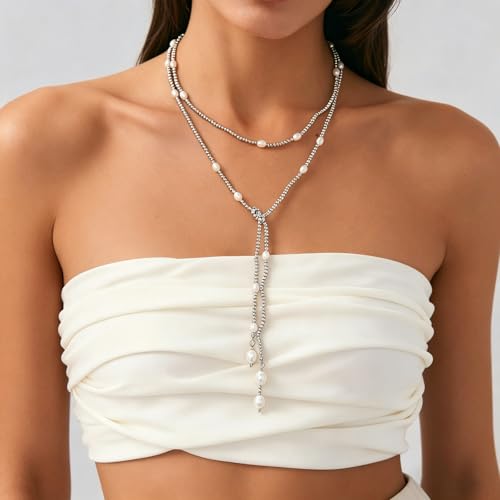 Long Black Beaded Necklace for Women Trendy Gold Beads Slip Tie Pearl Wrap Necklace Layered Silver Lariat Necklaces with Pearl Drop Y Statement Necklaces Versatile Elegant Jewelry - color: Silver-Plated