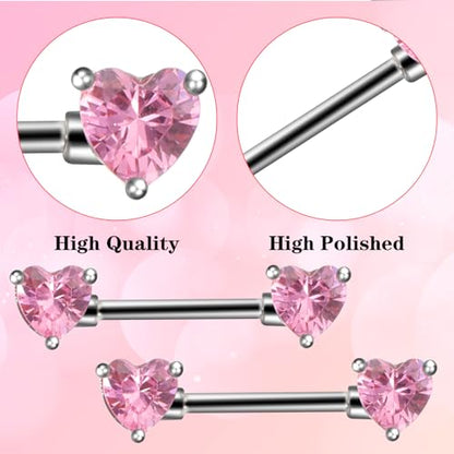 2 Pairs 14G Heart Nipple Rings, Stainless Steel Love Heart Barbell Tongue Rings Set, Nipple Piercing Barbell Ring Jewelry for Women Men(16mm)