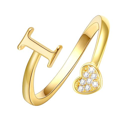Lunvky Birthday Gifts Silver Initial Rings for Women Teen Girl Kids Trendy Stuff Dainty 14K Gold Plated Adjustable Heart Letter Thumb Rings Pinky Cute Jewelry Personalized Gift - color: Gold, size: Initial-I