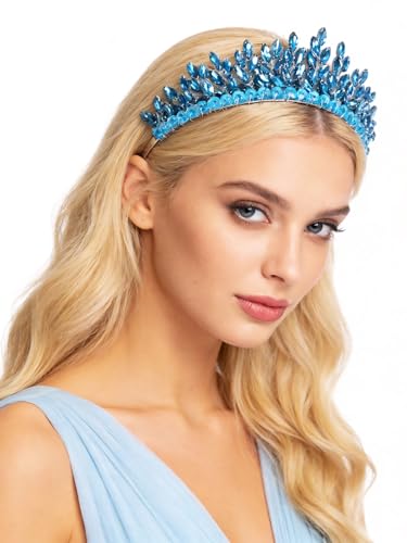 Bridal Rhinestone Headband Wedding Hair Accessories for Women, Pearl Crystal Headband Wedding Costume Headpieces for Brides Princess Quinceanera Christmas Party Prom Birthday(Light Blue) - color: Light Blue