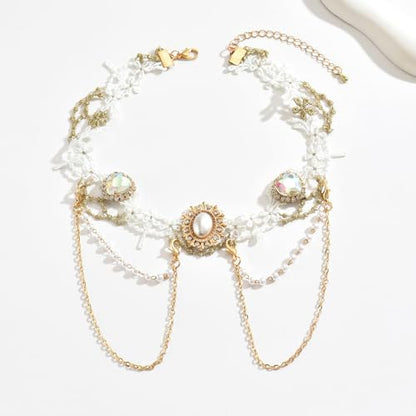 Gothic Lace Choker Necklace for Women, Pearl Sexy Tassel Adjustable Choker Necklace, Boho Halloween Jewelry for Festival Party Cosplay Costume Gifts - color: white Gold Pearl CZ