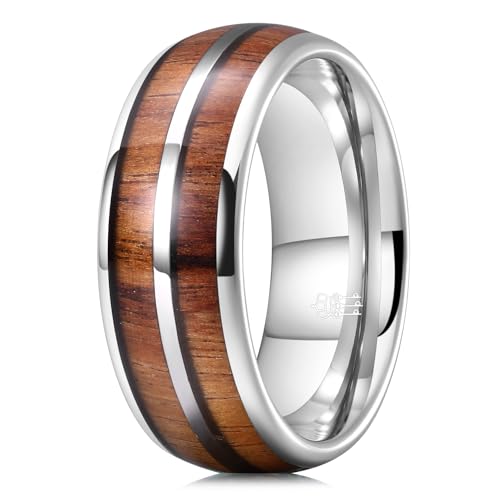 THREE KEYS JEWELRY Tungsten Wedding Band Koa wood Inlay Black Domed | 4mm, 6mm, 8mm, Everyday Wear, Black, Domed, Koa wood inlay - color: Wood Line 8mm