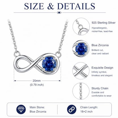 925 Sterling Silver Infinity Necklace for Women, Round Blue Cubic Zirconia Infinity Pendant Necklace, September Birthstone Jewelry