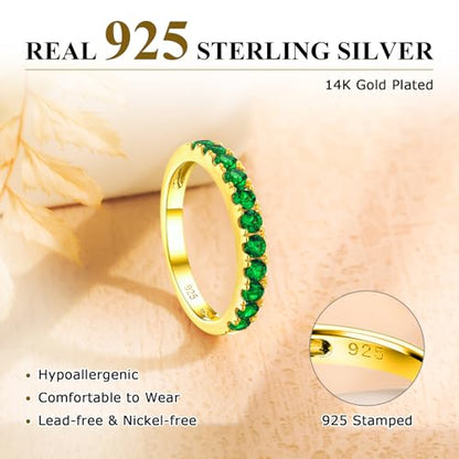 Bezel Set Birthstone Wedding Band 14K Gold Sterling Silver Stackable Half Eternity Band Rings 2.5mm Wide Ruby/Amethyst/Sapphire/Emerald Green/Aquamarine Ring for Women, Send Gift Box - style: 05-Created Emerald