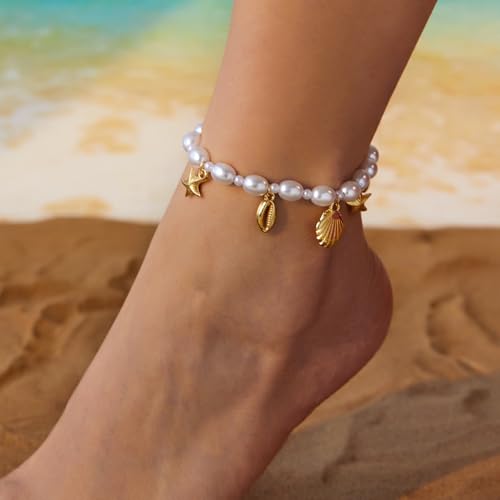 Qceasiy Shell Ankle Bracelets for Women, Boho Beaded Beach Anklet Set | Seashell, Heart, Starfish and Conch Styles, Gold-Tone, Stretch or Adjustable Fit, Layered Beach Vacation Jewelry Gifts - color: White 6