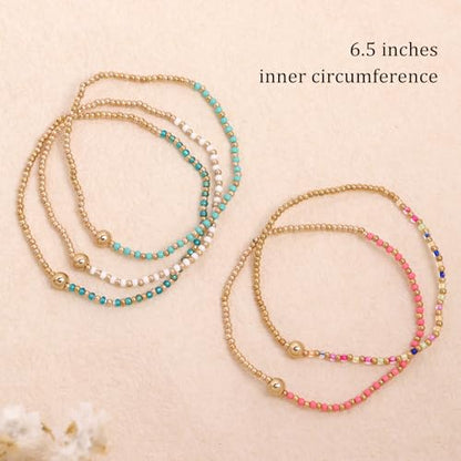 Gold Beaded Stackable Friendship Bracelets Set for Women, Handmade Boho Stretch Summer Jewelry Gift. - color: gold white green pink