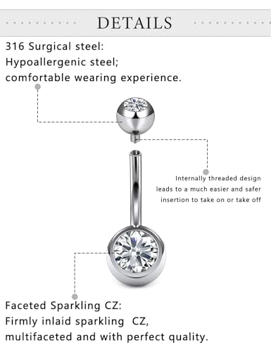 Belly Button Rings Surgical Steel Internally Threaded Belly Button Ring 10MM/12MM/14MM/16MM Navel Rings for Women Clear CZ 14G Long Bar Navel Piercing Jewelry - color: silvertone, size: 10mm bar length