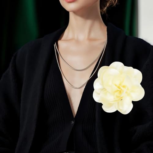 Large Rose Flower Brooches Chiffon Camellia Brooch Lapel Pins Hair Clips Hat Pins for Women Wedding Banquet Accessories Large Satin Flowers 5.5in - color: Beige