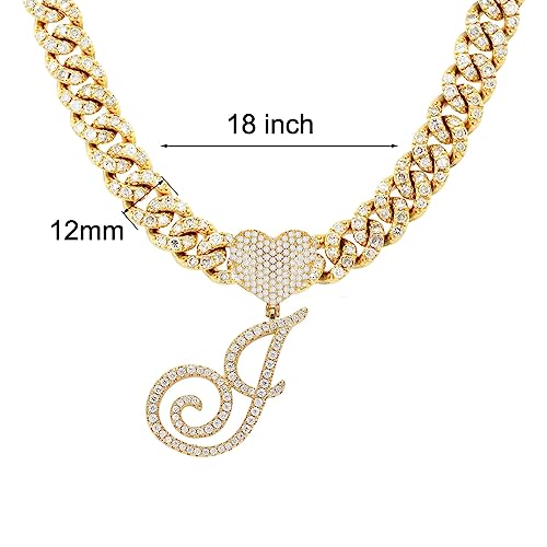 Initial Necklaces Silver Cuban Link Chain for Women Iced Out Chain with Heart Letter Pendants Custom Chain Name Necklace Hip Hop Jewelry Gift - color: J Gold