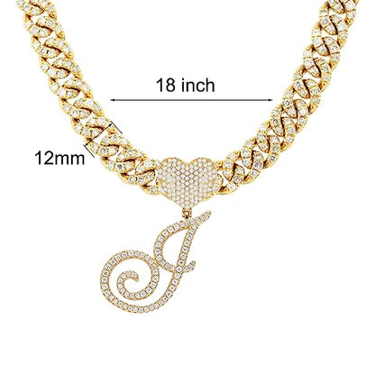 Initial Necklaces Silver Cuban Link Chain for Women Iced Out Chain with Heart Letter Pendants Custom Chain Name Necklace Hip Hop Jewelry Gift - color: J Gold