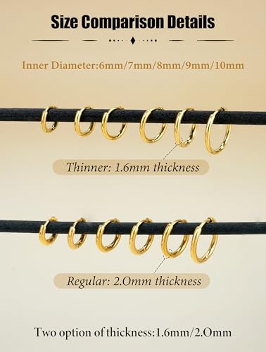 Surgical Steel Huggie Hoop Earrings & Flat Back Studs for Women Men, 6mm-14mm Small Hoops for Cartilage Helix Tragus Lobe, 1-10 Pairs Multiple Piercing Jewelry Set for Sensitive Ears - style: 1Pair,Gold,7mm(THK:1.6mm)