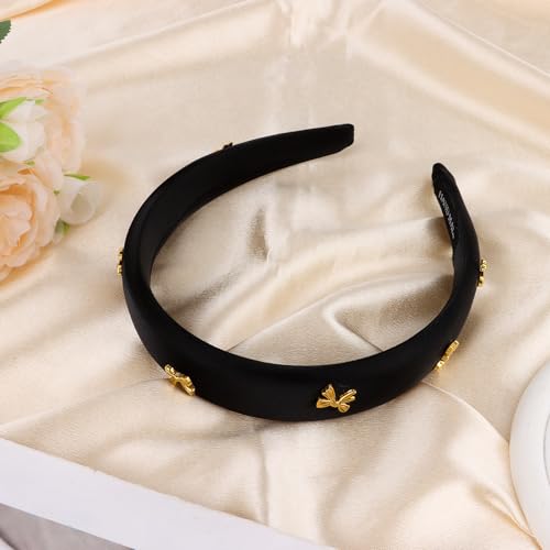CURASA Padded Headband For Women Cute Non Slip Head Band Soft Sponge Hairband Black Trendy Satin Hairbands Fashion Gold Metal Bow Decorative Hair Hoop Comfortable Elastic Yoga Hair Accessories