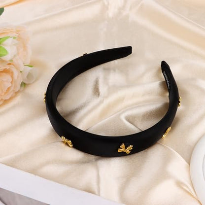 CURASA Padded Headband For Women Cute Non Slip Head Band Soft Sponge Hairband Black Trendy Satin Hairbands Fashion Gold Metal Bow Decorative Hair Hoop Comfortable Elastic Yoga Hair Accessories