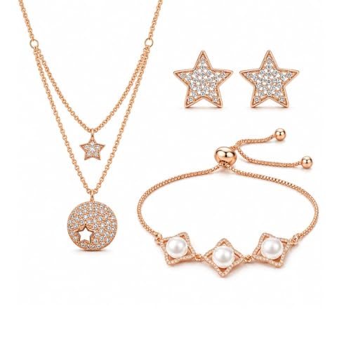 Nilu's Collection Infinity Shape Cubic Zirconia Diamond Bracelet for Women, Jewelry for Gift, Adjustable Charm Bracelet (Rose Gold Necklace + Bracelet) - color: Star Combo