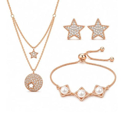 Nilu's Collection Infinity Shape Cubic Zirconia Diamond Bracelet for Women, Jewelry for Gift, Adjustable Charm Bracelet (Rose Gold Necklace + Bracelet) - color: Star Combo