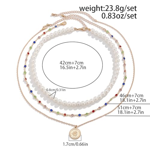 Layered Gold Necklaces for Women Stackable Pearl Coin Choker Necklace Set Colorful Cubic Zirconia Chain Necklaces Trendy Birthday Jewelry Gifts