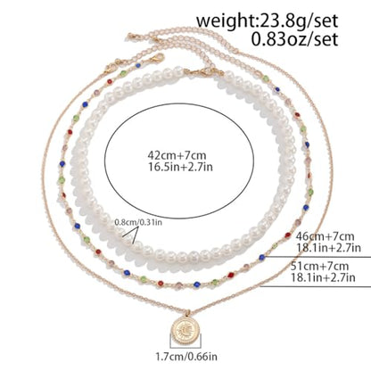 Layered Gold Necklaces for Women Stackable Pearl Coin Choker Necklace Set Colorful Cubic Zirconia Chain Necklaces Trendy Birthday Jewelry Gifts