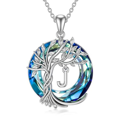 TOUPOP Gifts for Women Tree of Life Initial Necklace 925 Sterling Silver Letter Pendant with Blue Crystal Birthday Jewelry Gifts for Women Her Mom Wife Daughter - color: Tree of Life J Initial