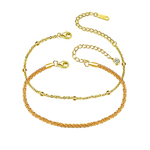 Sparkling Ankle Bracelets for Women Waterproof,18K Gold Plated Anklets for Women Large Ankles - color: B-2pcs Mix Beaded Chain-Gold