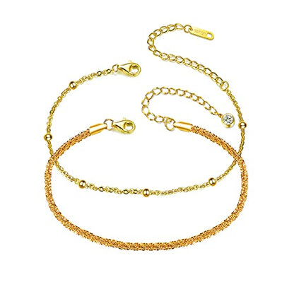 Sparkling Ankle Bracelets for Women Waterproof,18K Gold Plated Anklets for Women Large Ankles - color: B-2pcs Mix Beaded Chain-Gold