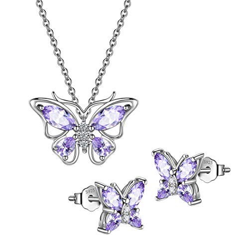 925 Sterling Silver Birthstone Butterfly Jewelry Women Crystal Animal Cute Butterflies Birthday Necklace/Earring/Ring/Bracelet Sets Birth Stone Statement Anniversary Jewellery - color: 1-F.June-Alexandrite