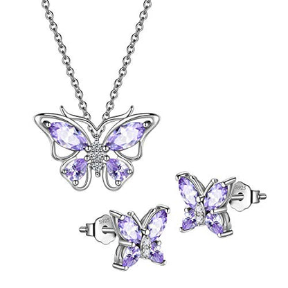 925 Sterling Silver Birthstone Butterfly Jewelry Women Crystal Animal Cute Butterflies Birthday Necklace/Earring/Ring/Bracelet Sets Birth Stone Statement Anniversary Jewellery - color: 1-F.June-Alexandrite