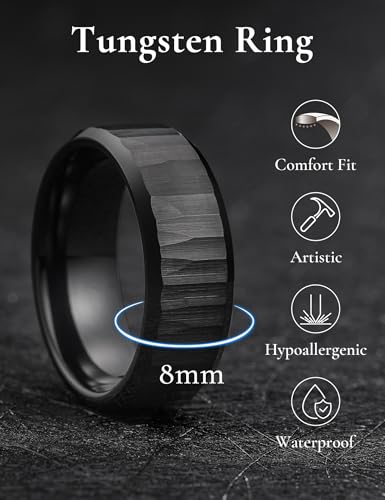 King Will 8mm Mens Hammered Tungsten Rings Matte Brushed Finish | Beveled Edge, Comfort Fit, Durable, Everyday Wear - color: Black