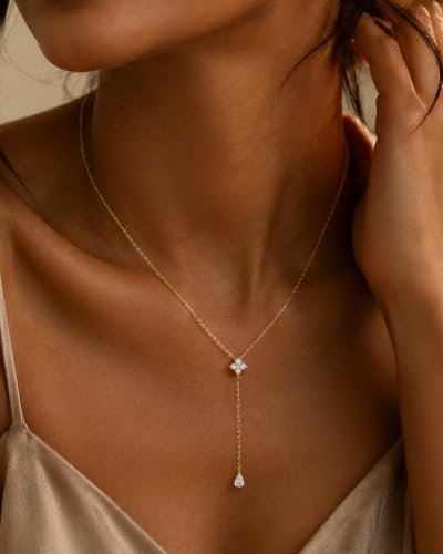 Gold Necklace for Women Dainty 14K Gold Plated Lariat Necklace | Teardrop CZ Y Shaped Drop Necklaces Prom Necklace Long Necklace Simple Gold Jewelry For Women Gift - color: C GOLD