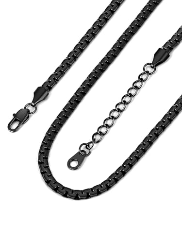 Bandmax Solid Stainless Steel Flat Box Link Chains 2MM/4MM/6MM/8MM Silver/Gold/Black Rolo Cable Chain Necklaces for Men Women 14"-30" Length, Gift Packed - color: 05 4MM-Black Plated