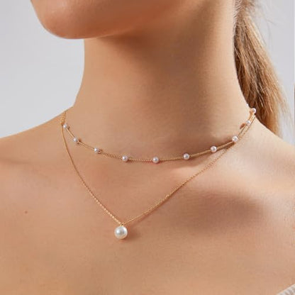 OGD Gold Pearl Necklace Set for Women 14K Plated Layered Daisy Choker Gift - color: Gold Pearl Necklace-2PCS