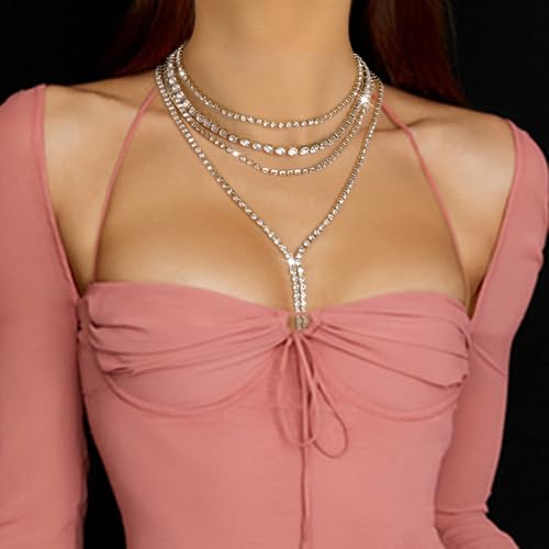 Layered Wedding Choker Rhinestone Necklace Sparkly Long Crystal Neck Chain for Women - color: Silver