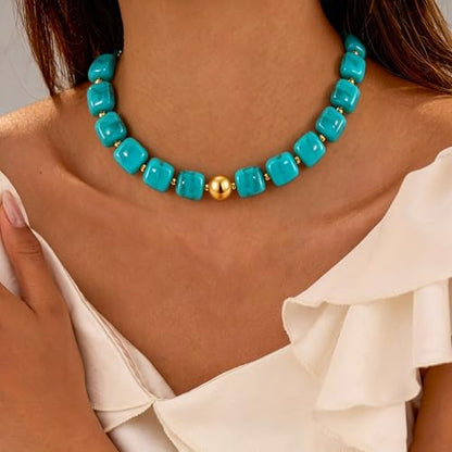 VIBILIA Boho Beaded Chunky Statement Necklace for Women Y2K Summer Jewelry | Boho Handmade Large Resin Bead Strand, Trendy Statement Summer Vacation Holiday Jewelry - color: Square-Turquoise