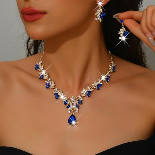 CJIAYUJEW Cubic Zirconia Wedding Jewelry Sets for Bride Bridesmaid Cluster Crystal Teardrop Pendants Jewelry Set Necklace Earring for Brides Bridesmaid for Wedding Party - color: Blue