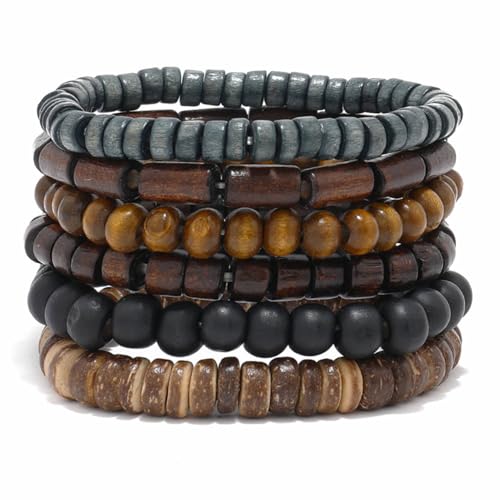 Mens Beaded Bracelets Tribal Wooden Elastic Adjustable Prayer Beads Wrap Cuff for Women - color: A: 6pcs
