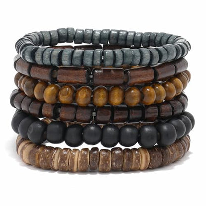 Mens Beaded Bracelets Tribal Wooden Elastic Adjustable Prayer Beads Wrap Cuff for Women - color: A: 6pcs