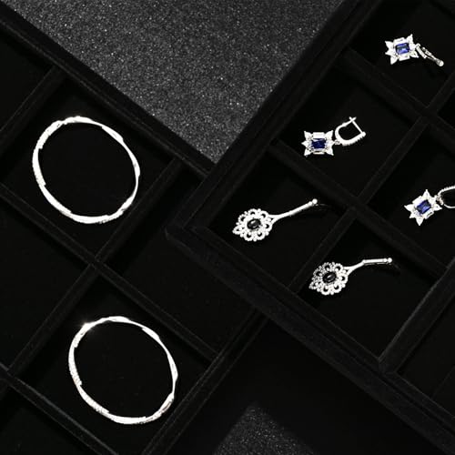 Black Velvet 24 Grid Divided Jewelry Display Organizer Tray | Soft black velvet 24-grid divided tray with sturdy base, stackable storage for small jewelry, home vanity & retail display - size: 24 Grid