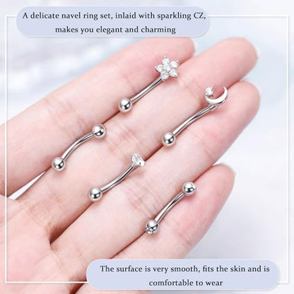 5Pcs 14G 316L Stainless Steel Small Belly Button Ring for Women Petite Navel Rings Tiny Hypoallergenic Belly Ring Cubic Zirconia Simple Belly Piercing Jewelry 6/8/10/12MM - color: Silver, size: Bar Length 12MM