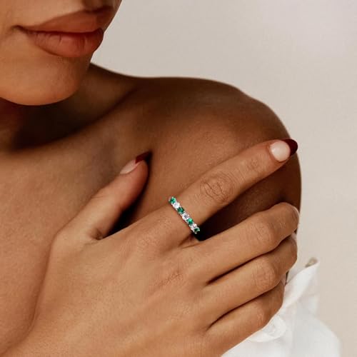 Birthstone Wedding Band Eternity Rings 925 Sterling Silver Rings Stackable Anniversary Engagement Rings Cubic Zirconia Inlaid Created Garnet/Amethyst/Sapphire Ring 7 Stone Ring, Size 6 to 10 - color: Emerald & 5A CZ