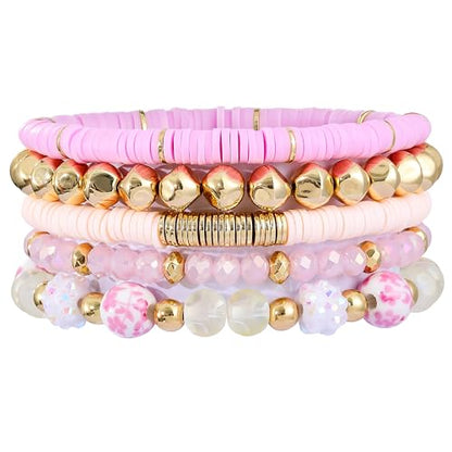 Summer Surfer Heishi Bracelet Set for Women Stackable Gold Plated Clay Ploymer Bead Stretch Pink Beach Layering Bracelets Jewelry - color: B-A3